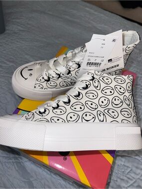 Joe Boxer White Canvas High-Top Sneakers with Black Smile Faces